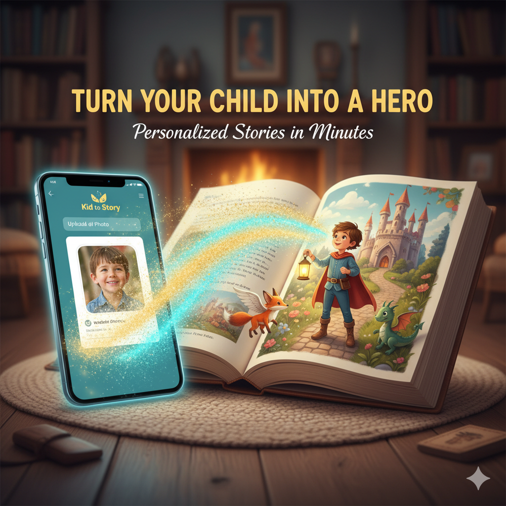 Phone preview showing a child avatar turning into a storybook character